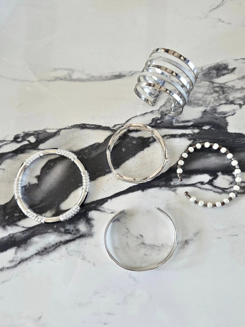 Set of 5 Silver-Tone Bracelets Lot Cuffs & Stretch Bangles Mixed Textures